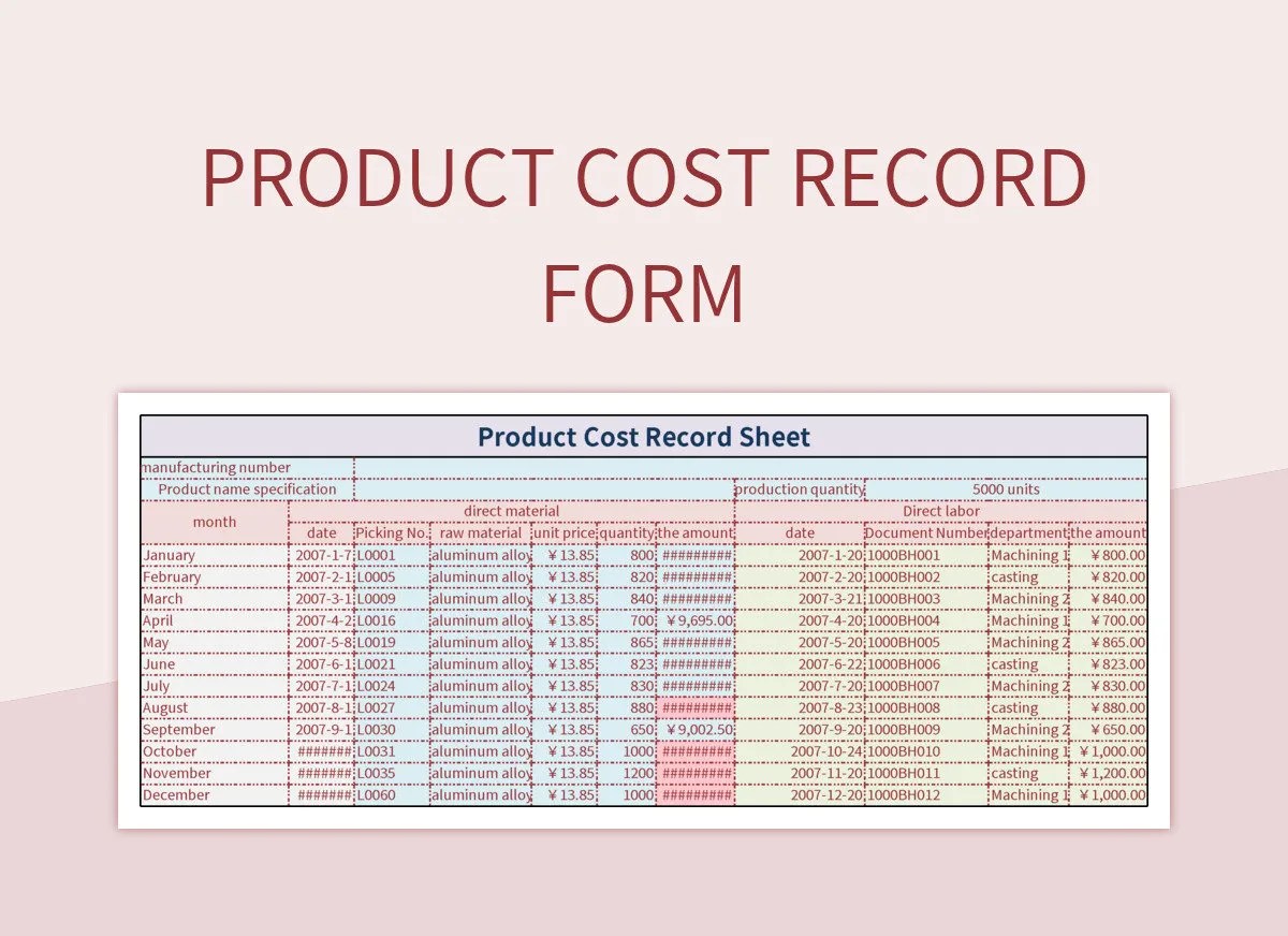 Product Cost Record Form Excel Template And Google Sheets File For Free