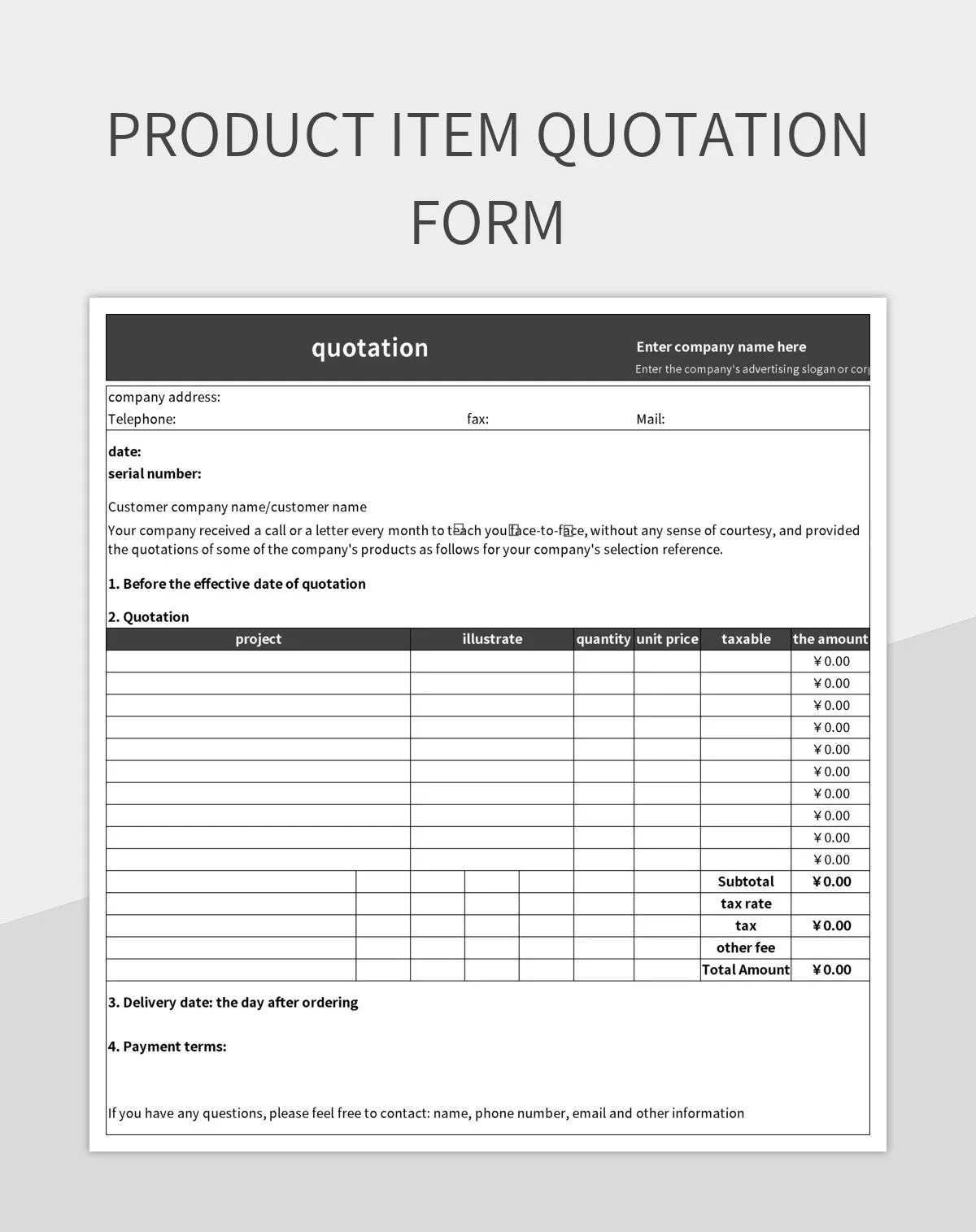 Product Item Quotation Form Excel Template And Google Sheets File For