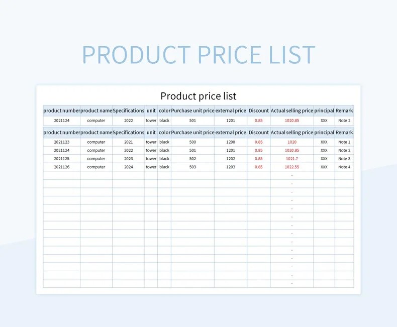 Product Price List Template Excel Template And Google Sheets File For Free Download Slidesdocs