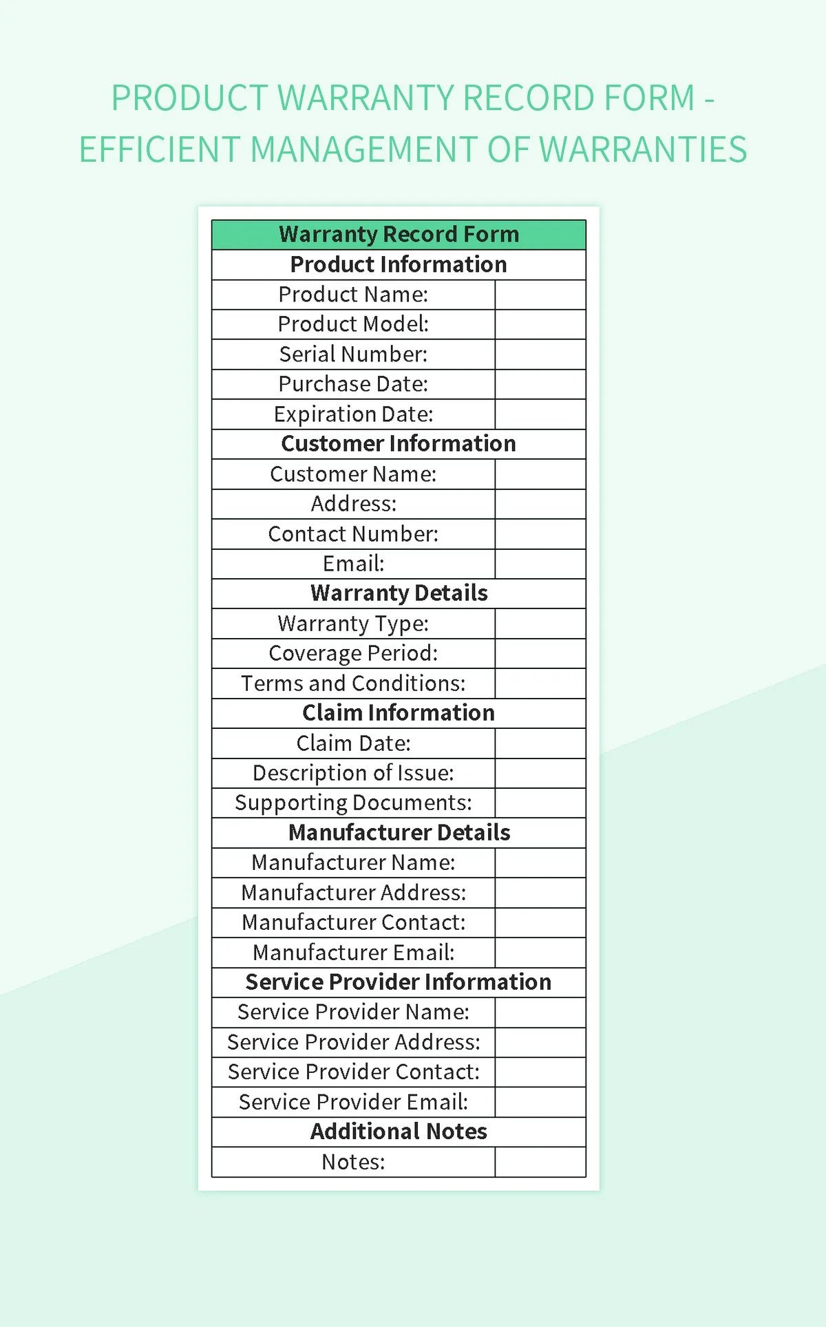 Product Warranty Record Form Efficient Management Of Warranties Excel