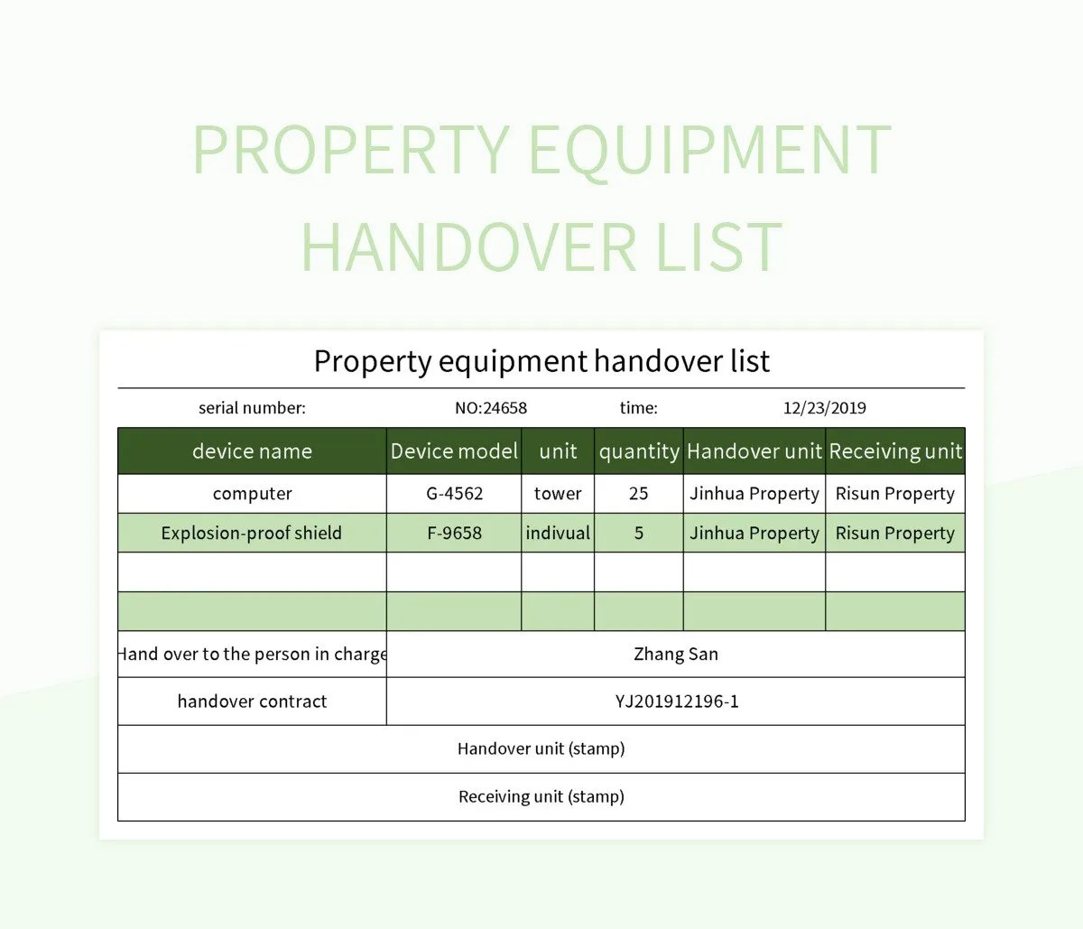 Property Equipment Handover List Excel Template And Google Sheets File
