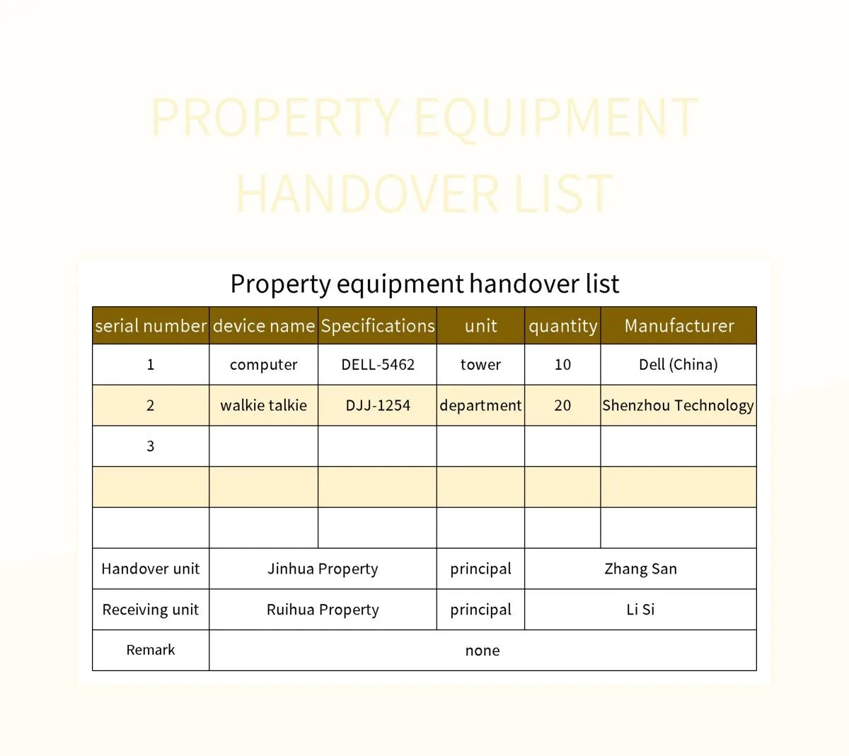 Property Equipment Handover List Excel Template And Google Sheets File