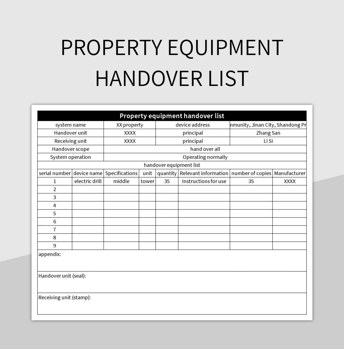 Property Equipment Handover List Excel Template And Google Sheets File For Free Download