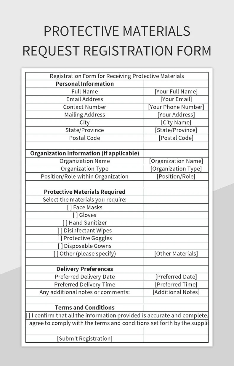 Protective Materials Request Registration Form Excel Template And