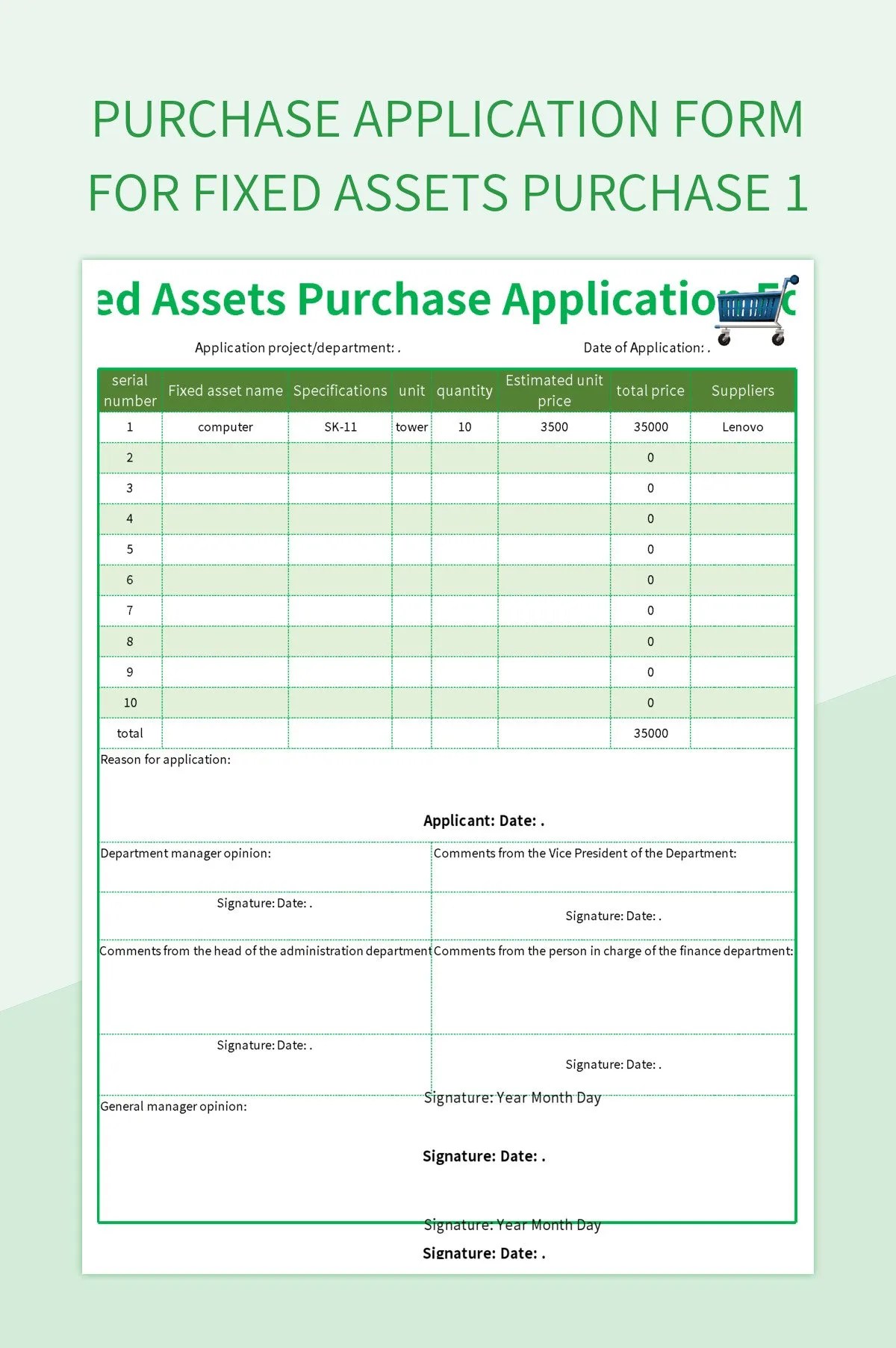 Purchase Application Form For Fixed Assets Purchase 1 Excel Template