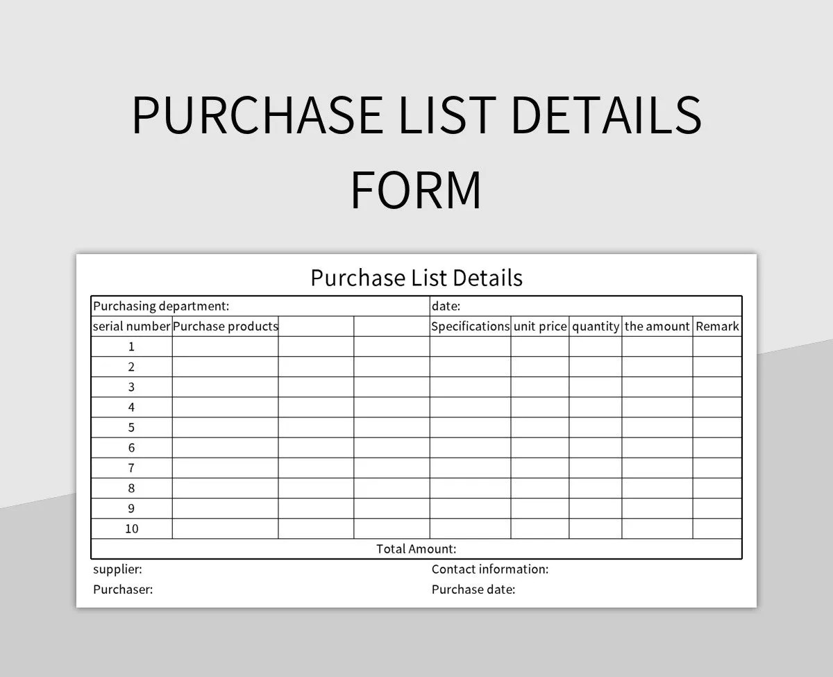 Purchase List Details Form Excel Template And Google Sheets File For
