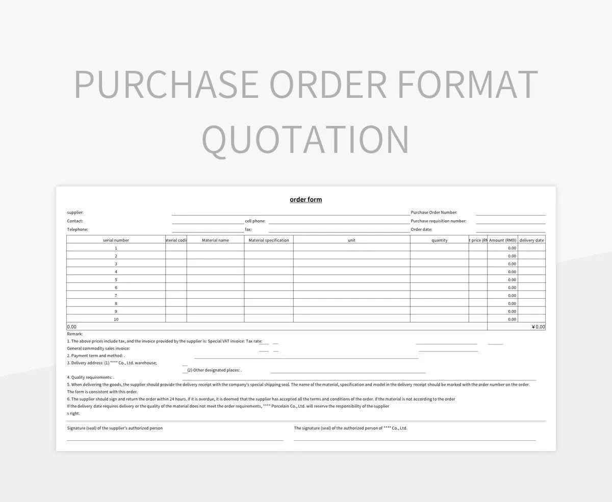 Purchase Order Format Quotation Excel Template And Google Sheets File