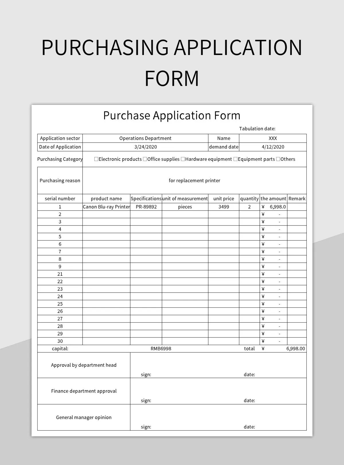 Purchasing Application Form Excel Template And Google Sheets File For