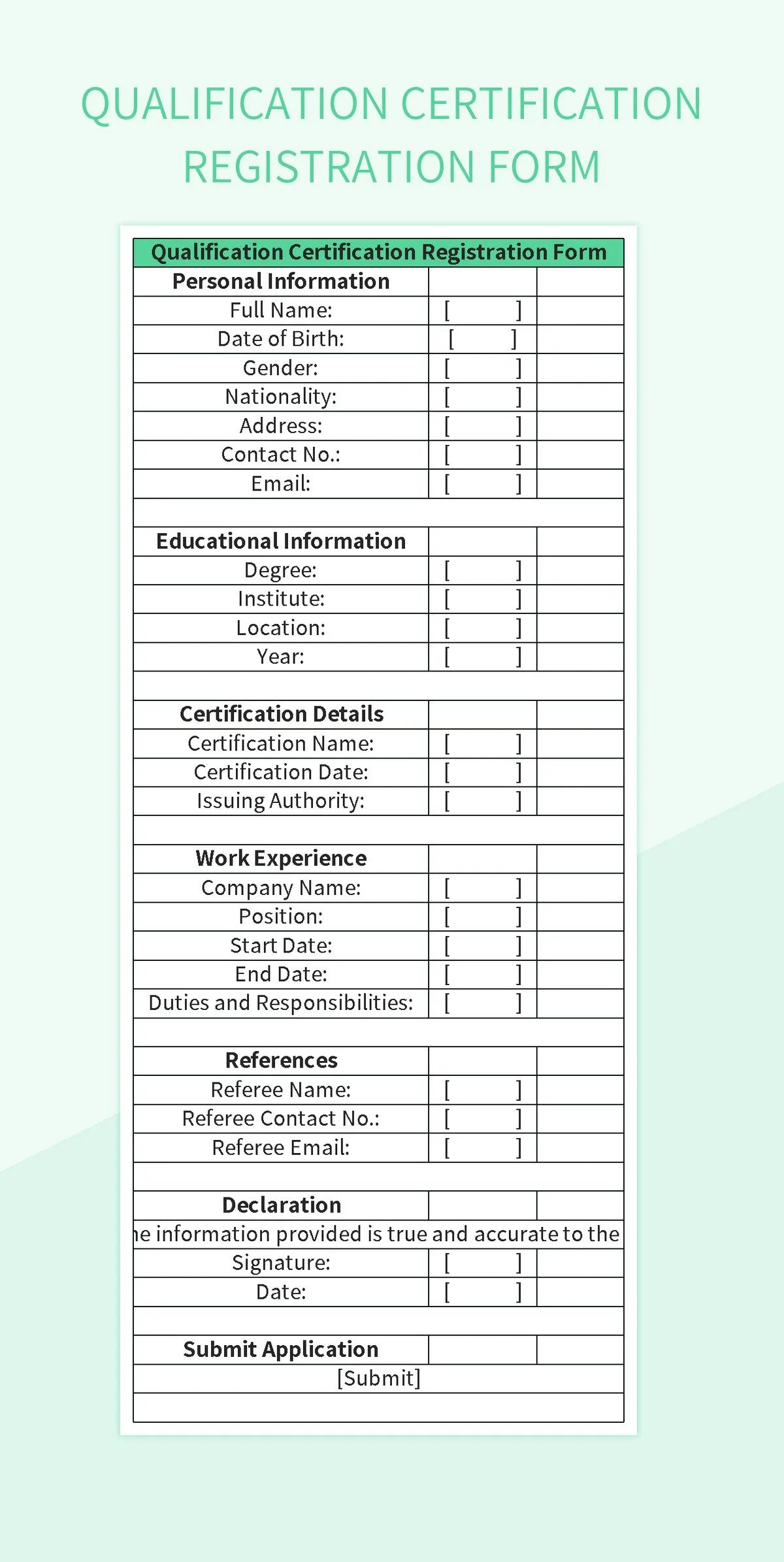 Qualification Certification Registration Form Excel Template And Google