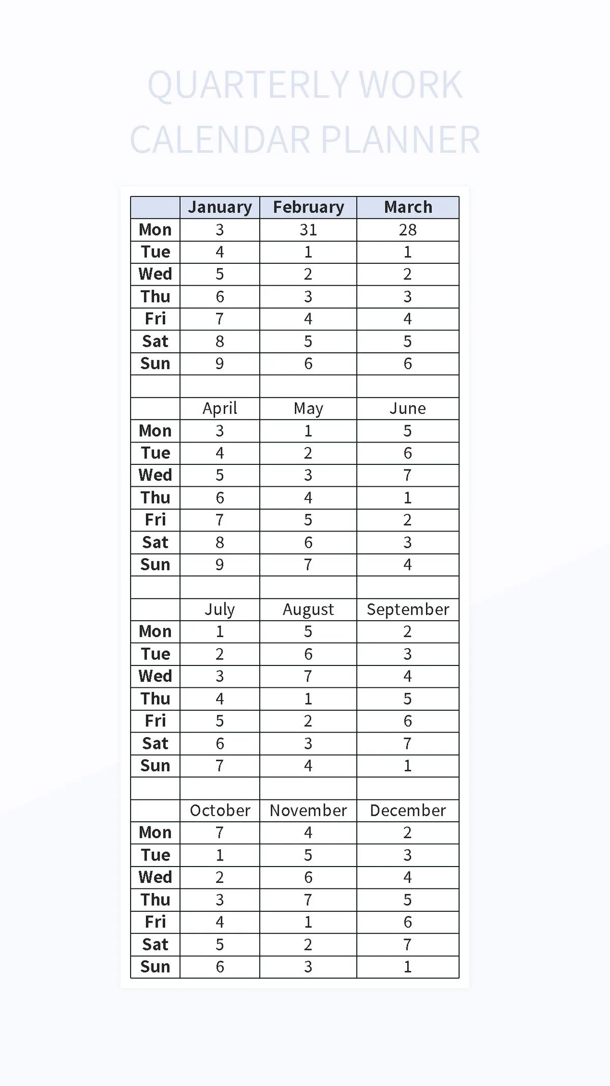 Quarterly Work Calendar Planner Excel Template And Google Sheets File