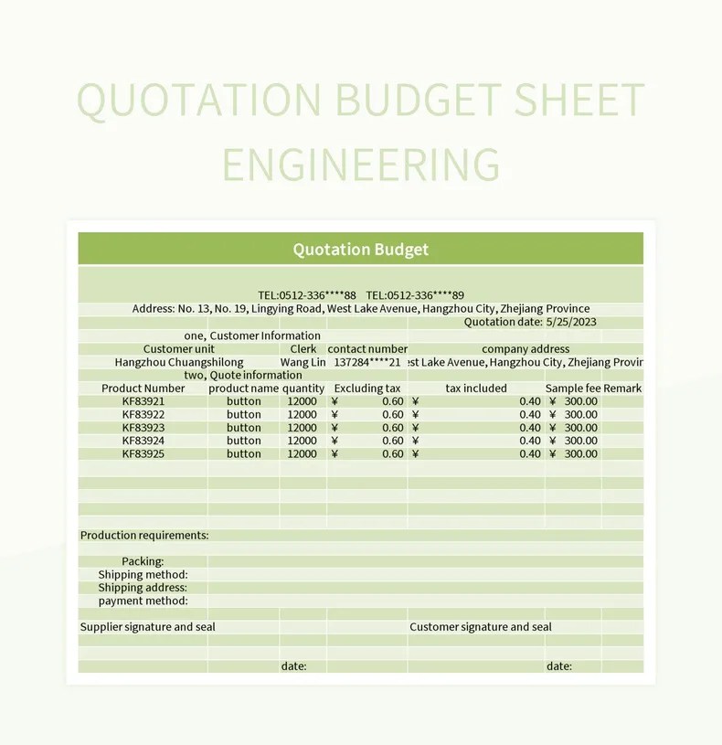 Quotation Budget Sheet Engineering Excel Template And Google Sheets