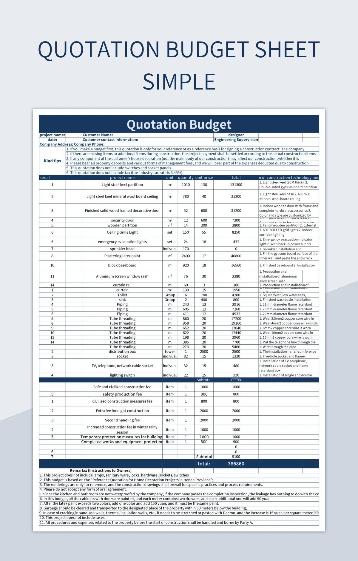 Quotation Budget Sheet Simple Excel Template And Google Sheets File For