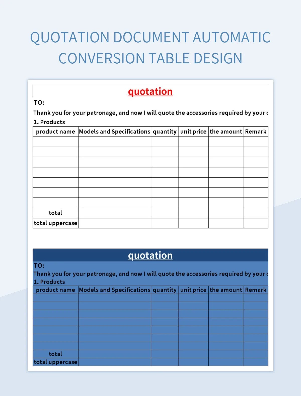 Quotation Document Automatic Conversion Table Design Excel Template And
