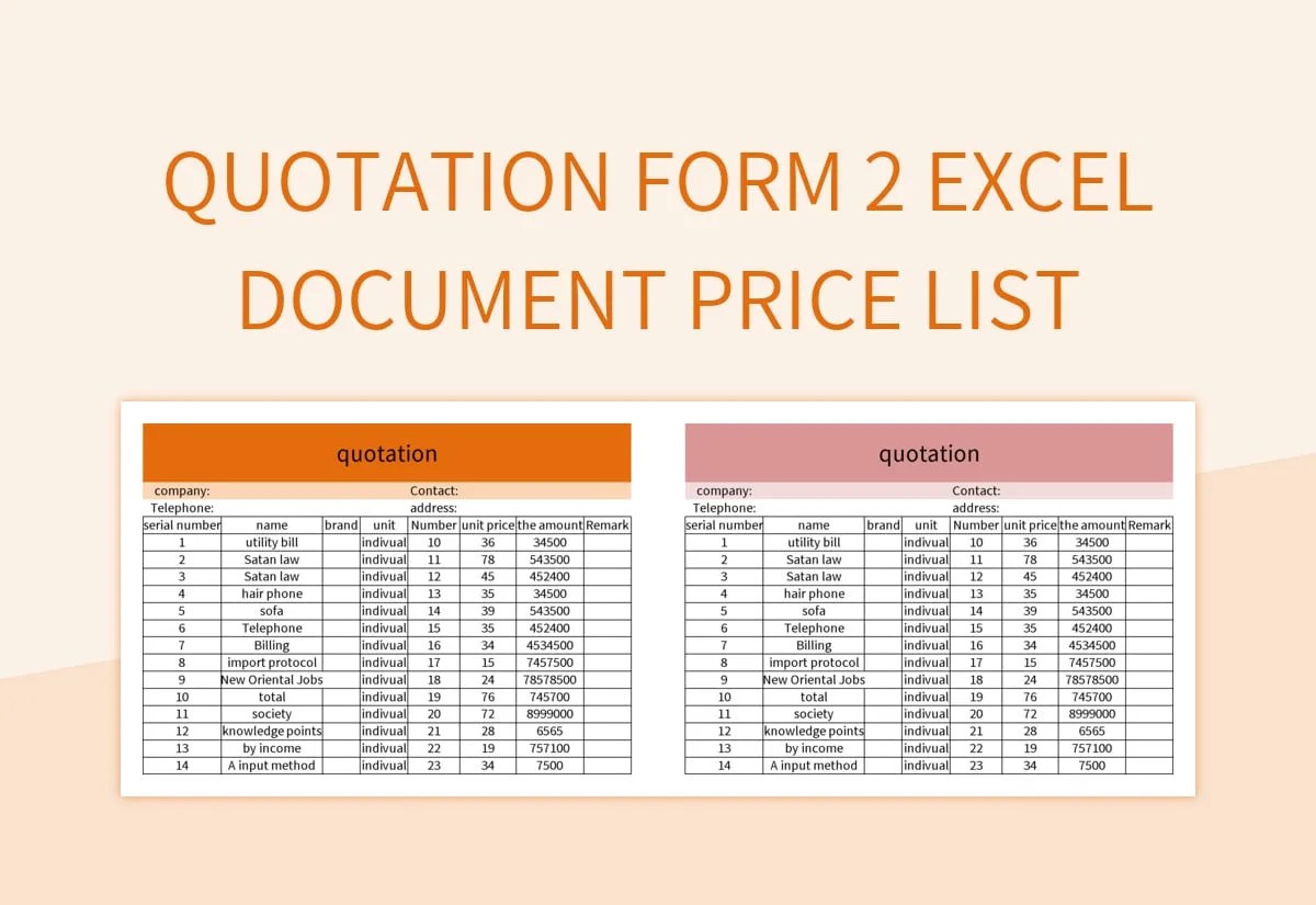 Quotation Form 2 Excel Document Price List Excel Template And Google