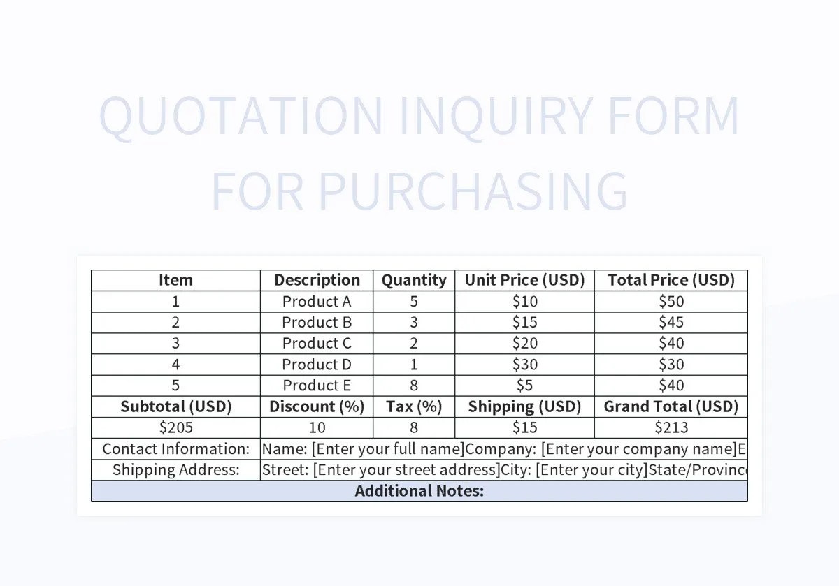 Quotation Inquiry Form For Purchasing Excel Template And Google Sheets