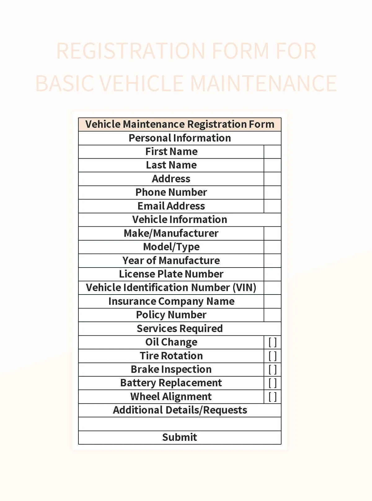 Registration Form For Basic Vehicle Maintenance Excel Template And