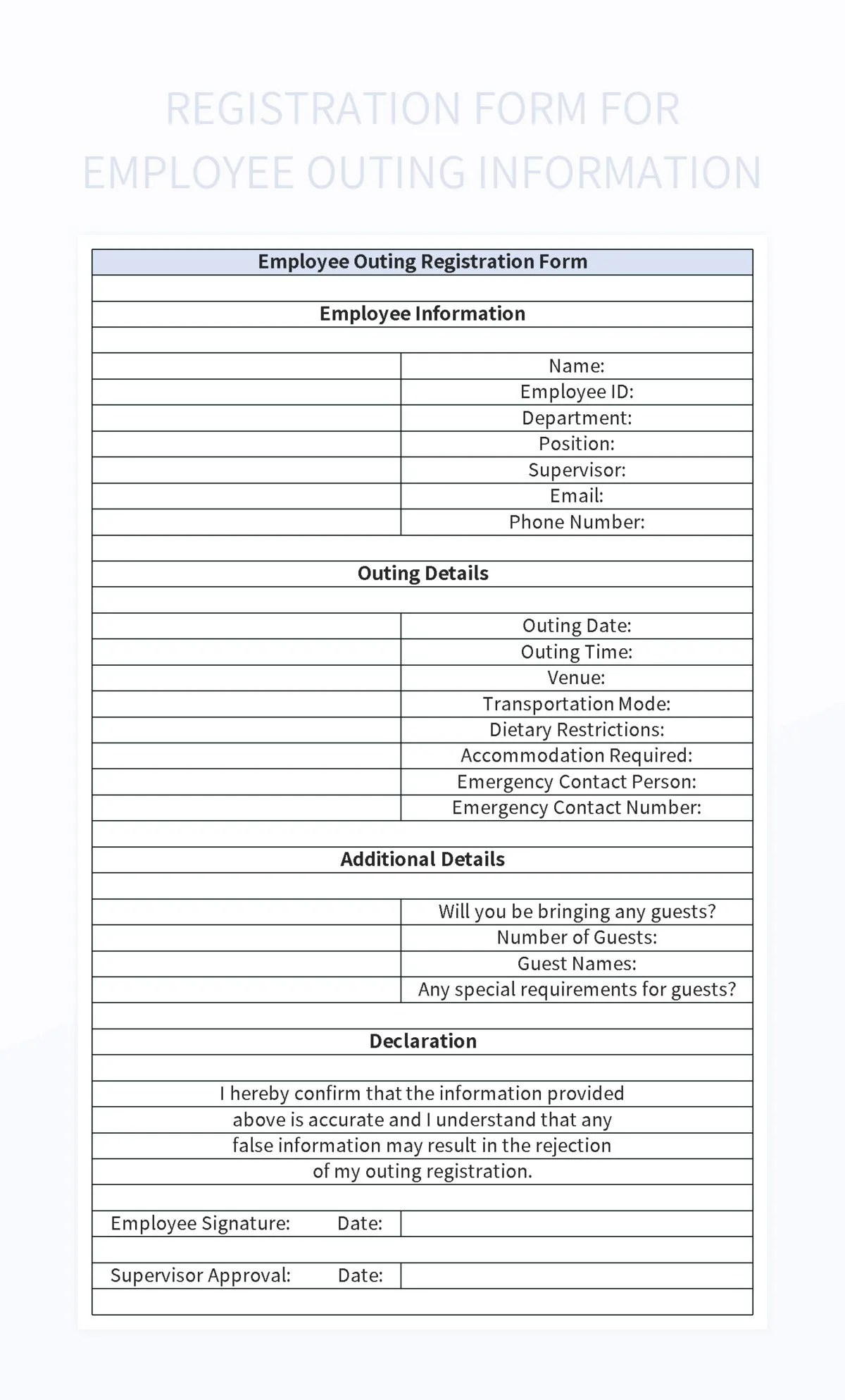 Free New Employee Entry Information Registration Form Templates For