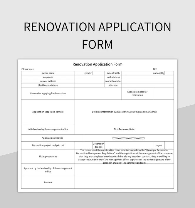 Renovation Application Form Excel Template And Google Sheets File For