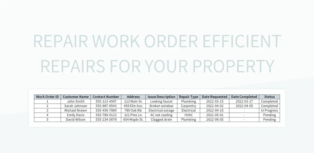 Repair Work Order Efficient Repairs For Your Property Excel Template