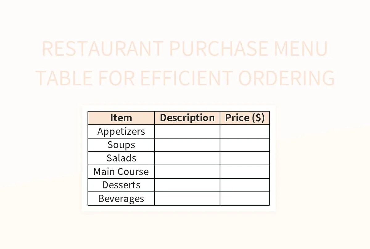 Free Purchase Menu Table Templates For Google Sheets And Microsoft