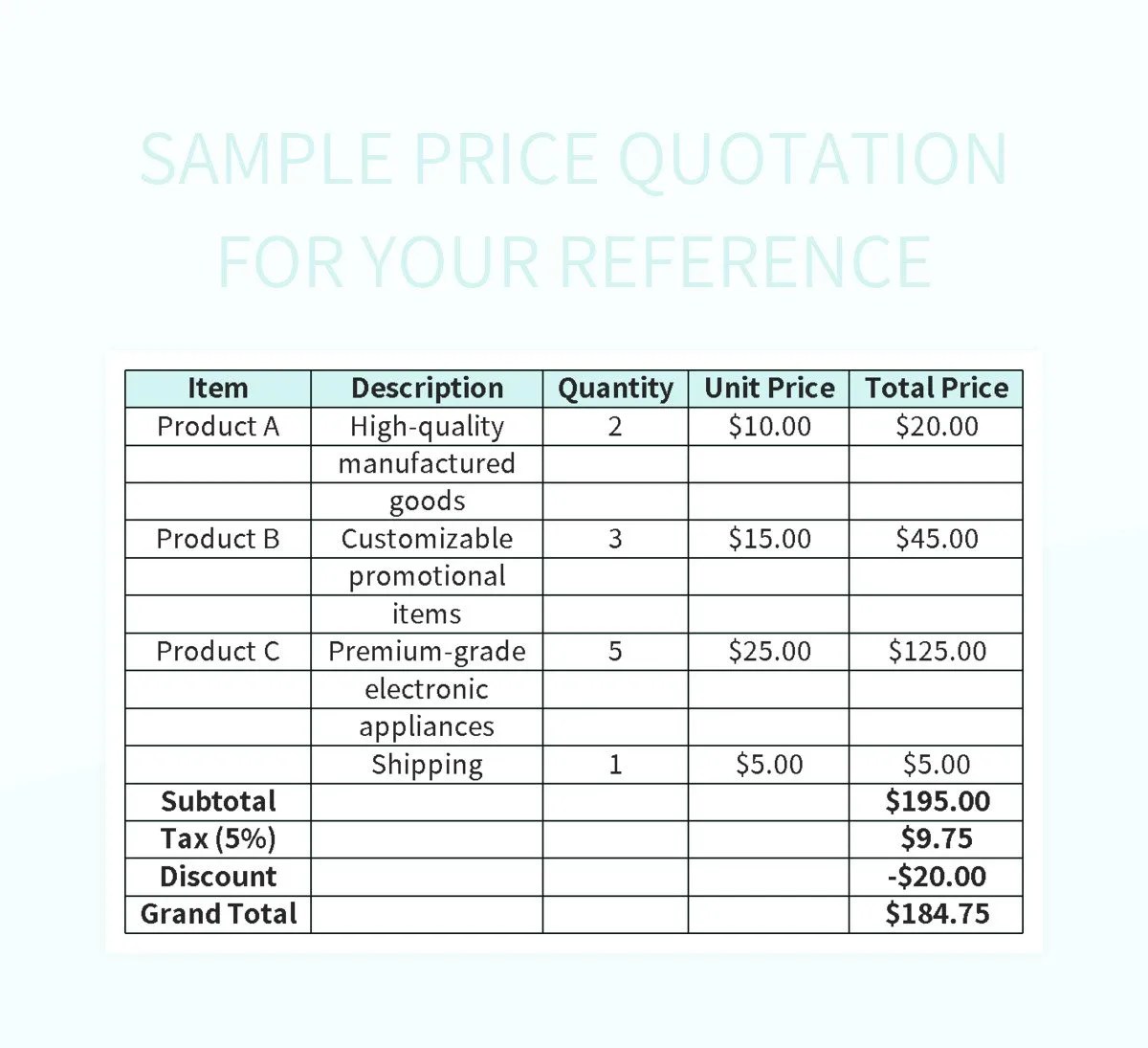 Sample Price Quotation For Your Reference Excel Template And Google
