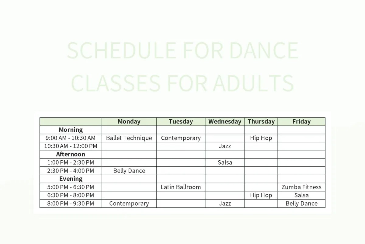 Schedule For Dance Classes For Adults Excel Template And Google Sheets File For Free Download