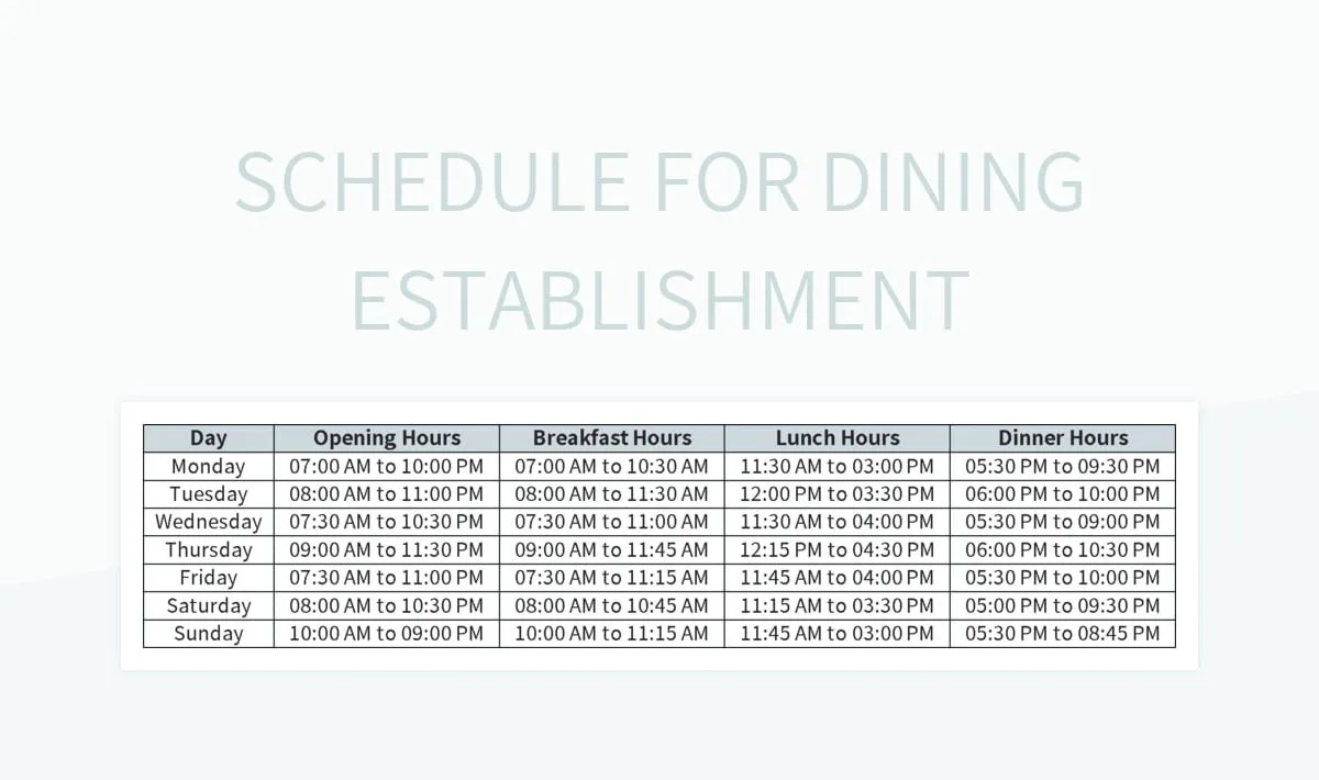 Schedule For Dining Establishment Excel Template And Google Sheets File