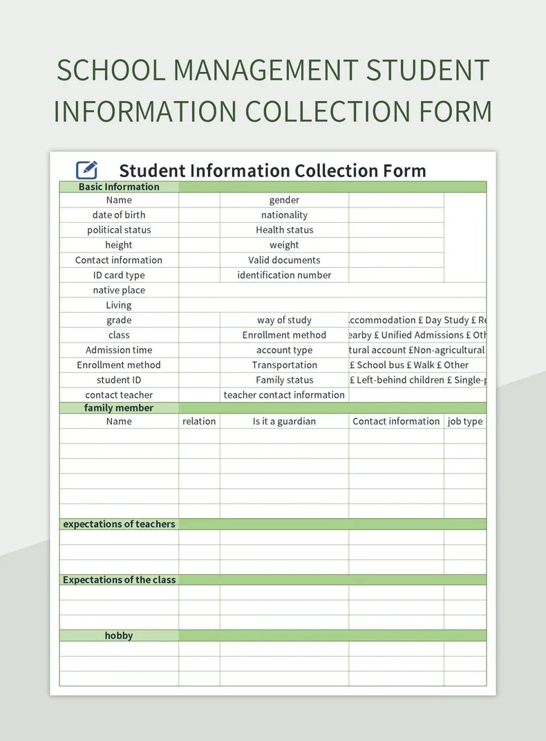 School Management Student Information Collection Form Excel Template