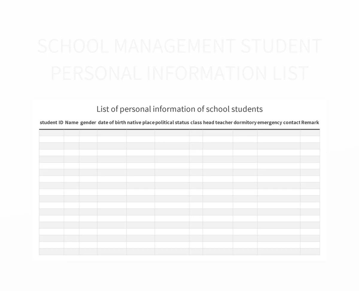 School Management Student Personal Information List Excel Template And