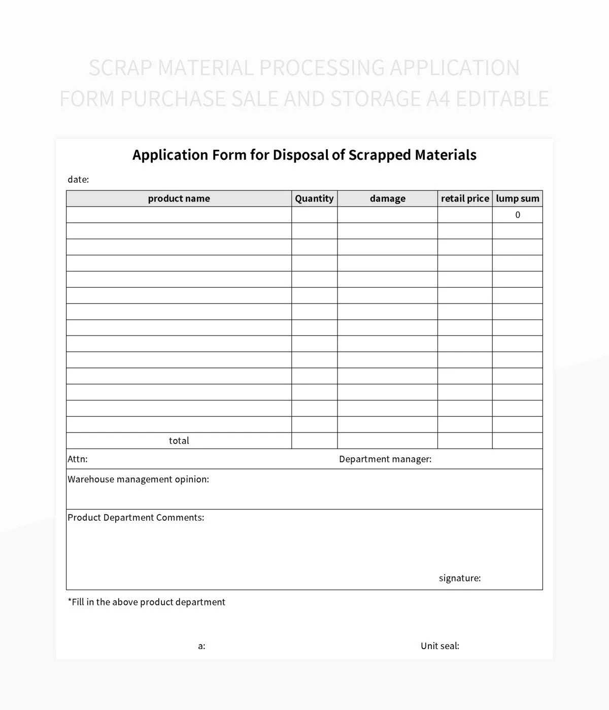 Scrap Material Processing Application Form Purchase Sale And Storage A4