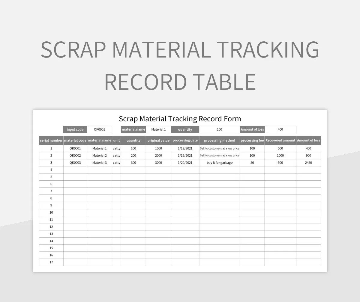 Scrap Material Tracking Record Table Excel Template And Google Sheets