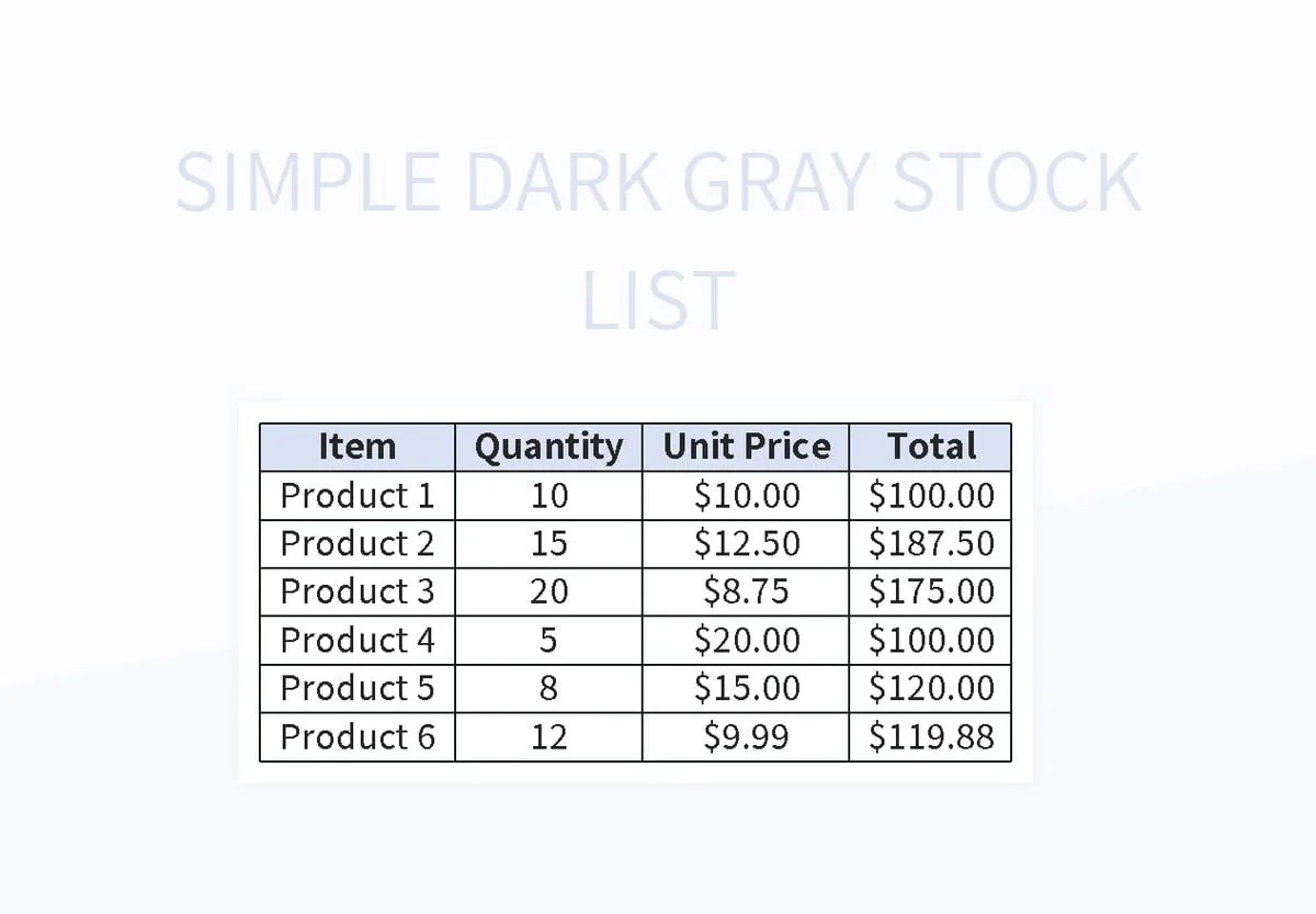 Simple Dark Gray Stock List Excel Template And Google Sheets File For