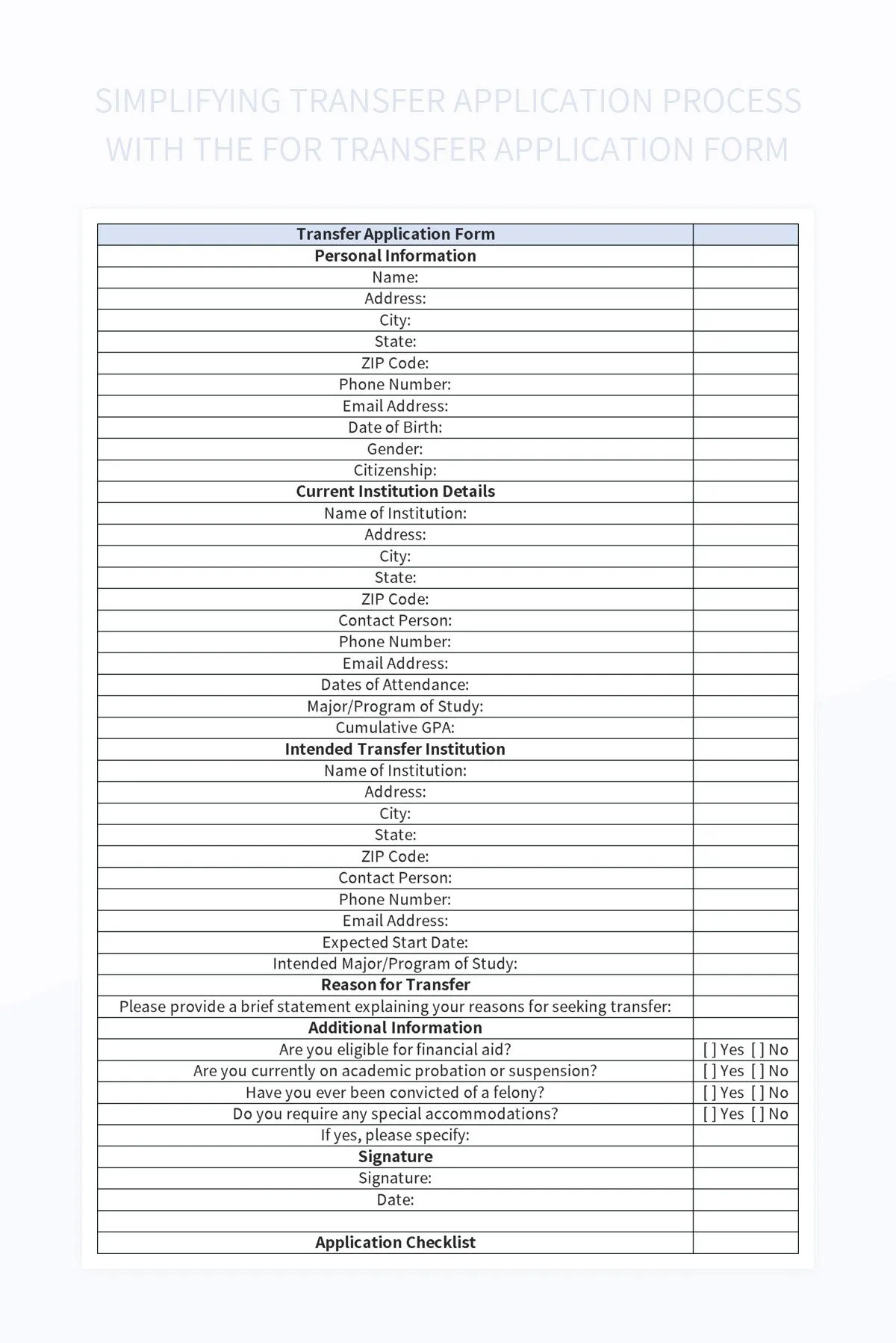 Simplifying Transfer Application Process With The For Transfer Application Form Excel Template