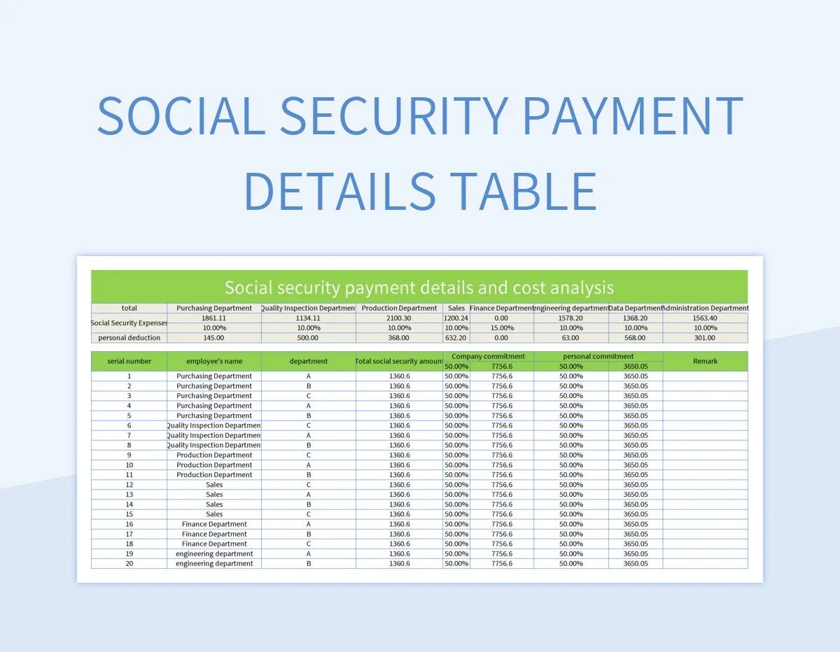 Social Security Payment Details Table Excel Template And Google Sheets