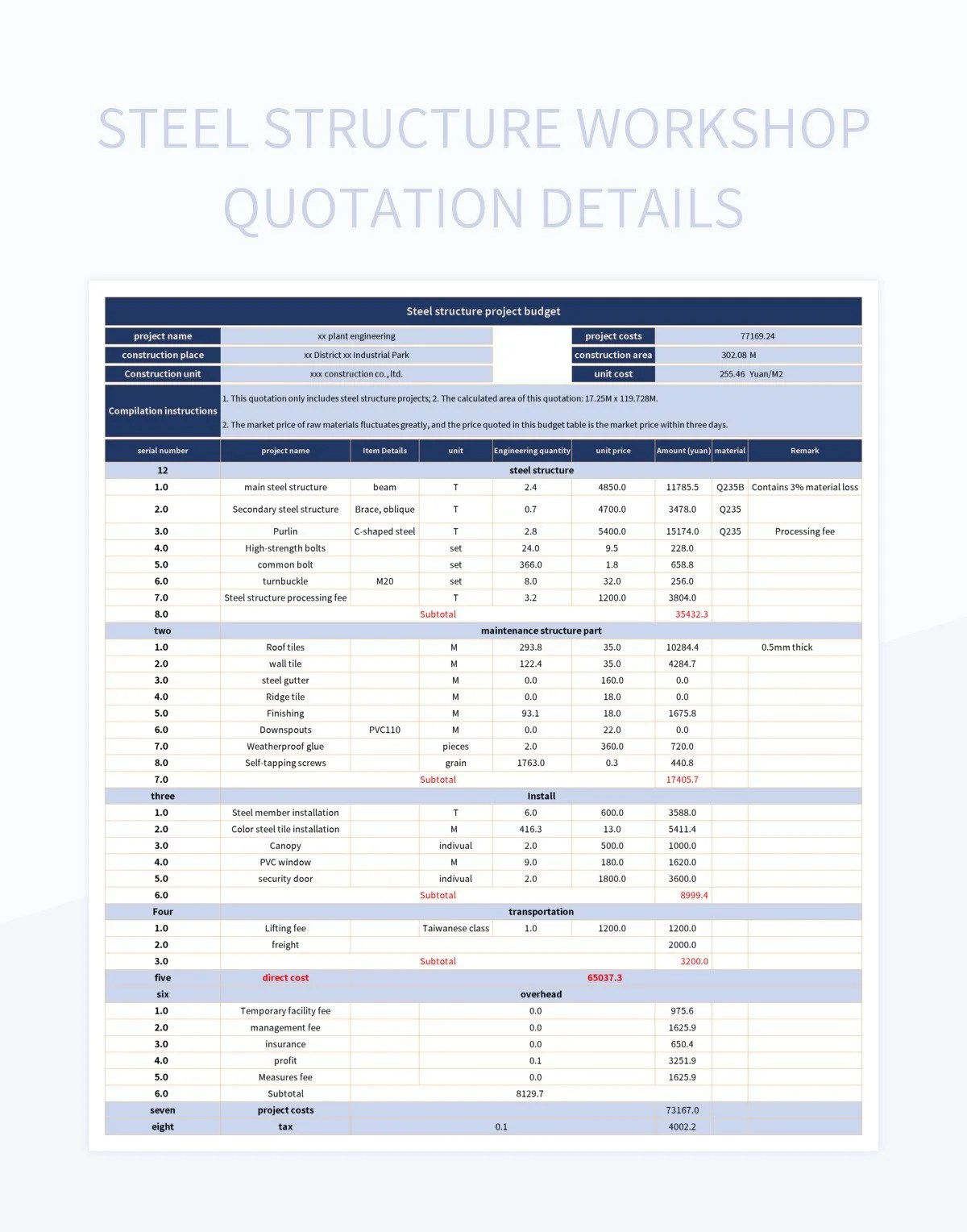 Steel Structure Quotation Details Excel Template And Google