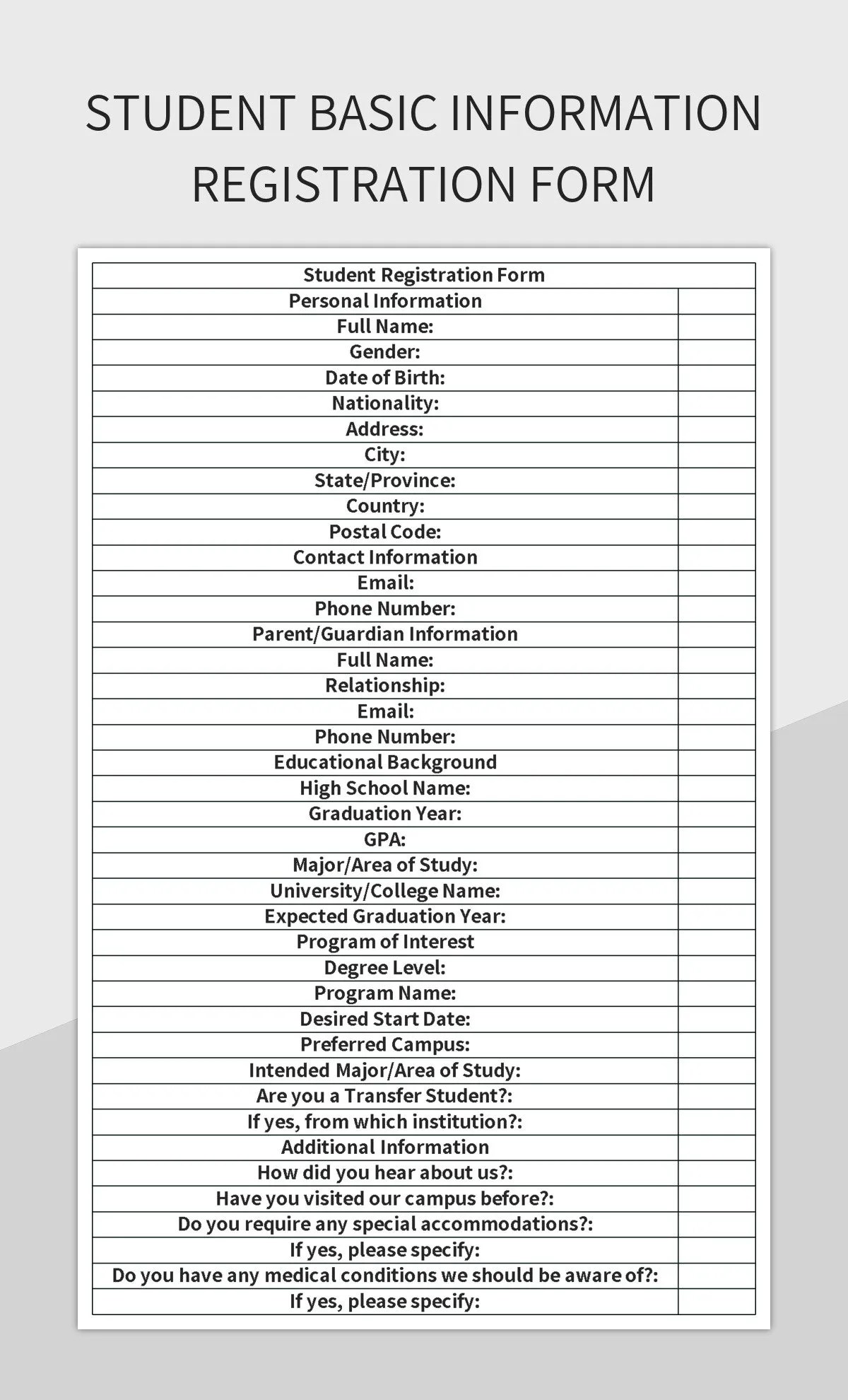 Basic Student Information Registration Form Excel Template And Google