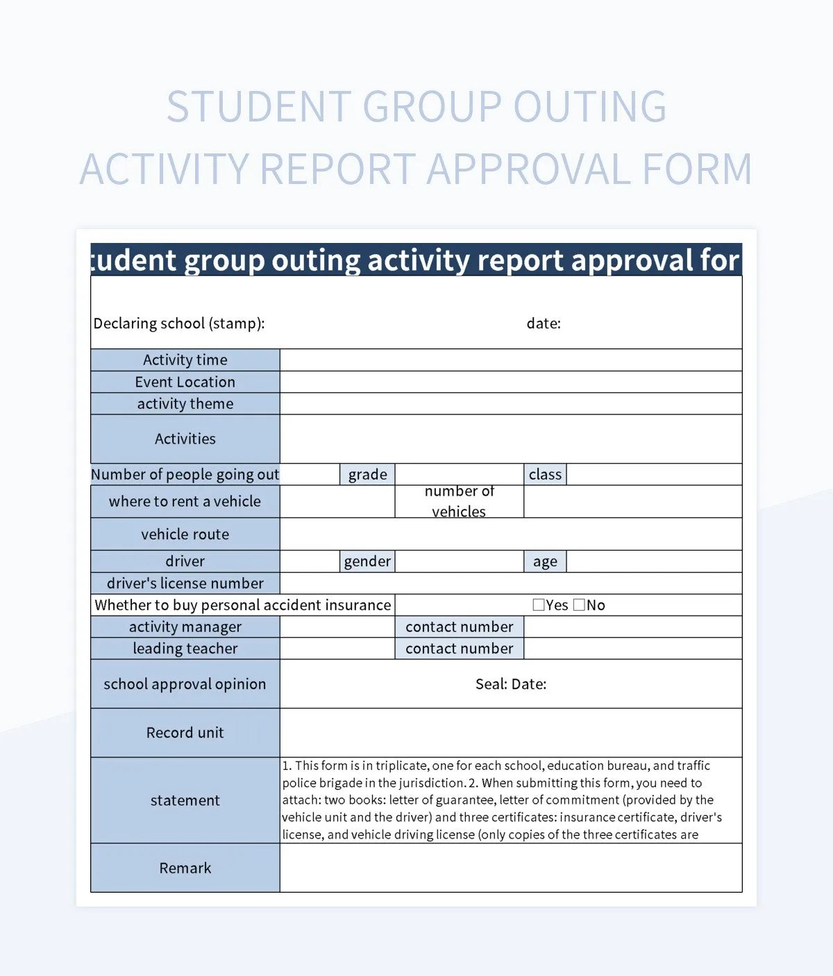 Student Group Outing Activity Report Approval Form Excel Template And