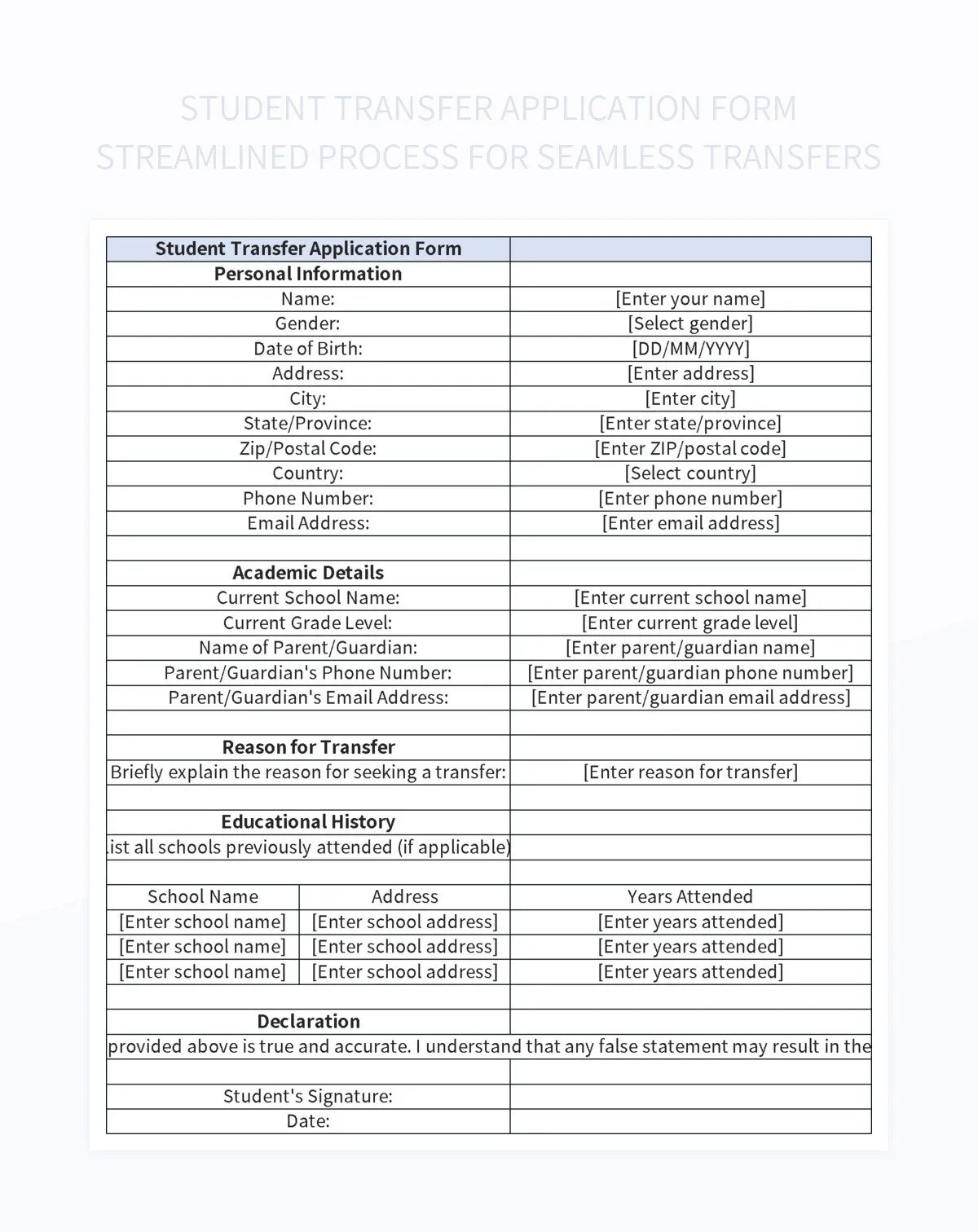 Student Transfer Application Form Streamlined Process For Seamless