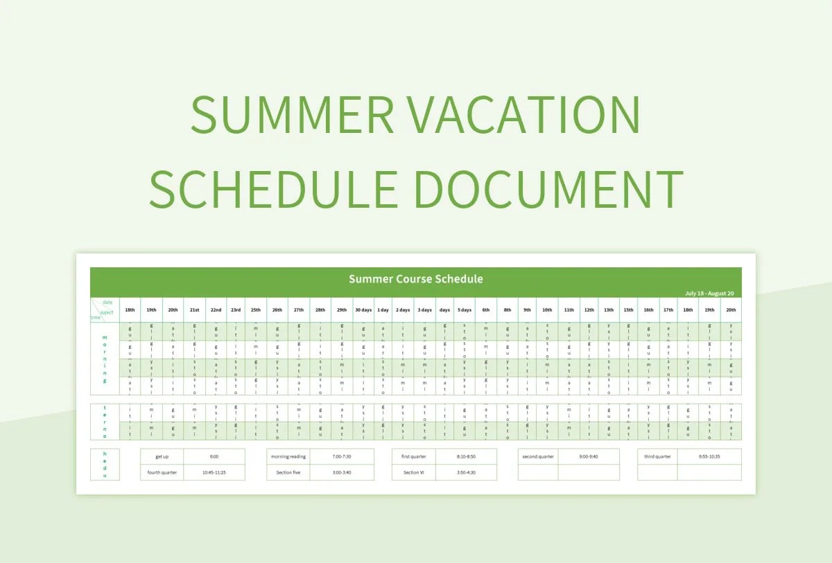 Summer Vacation Schedule Document Excel Template And Google Sheets File