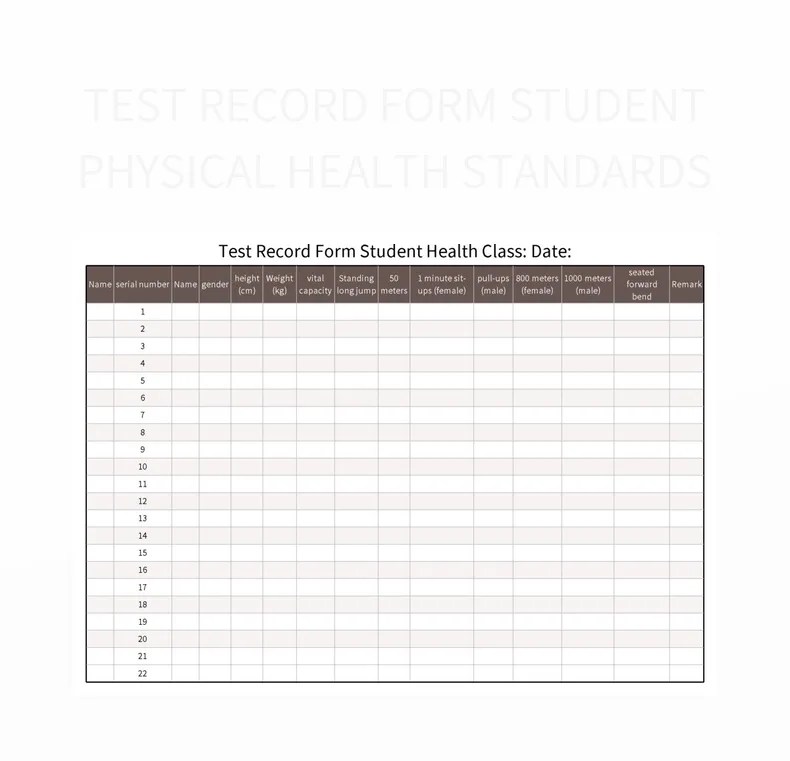 Test Record Form Student Physical Health Standards Excel Template And