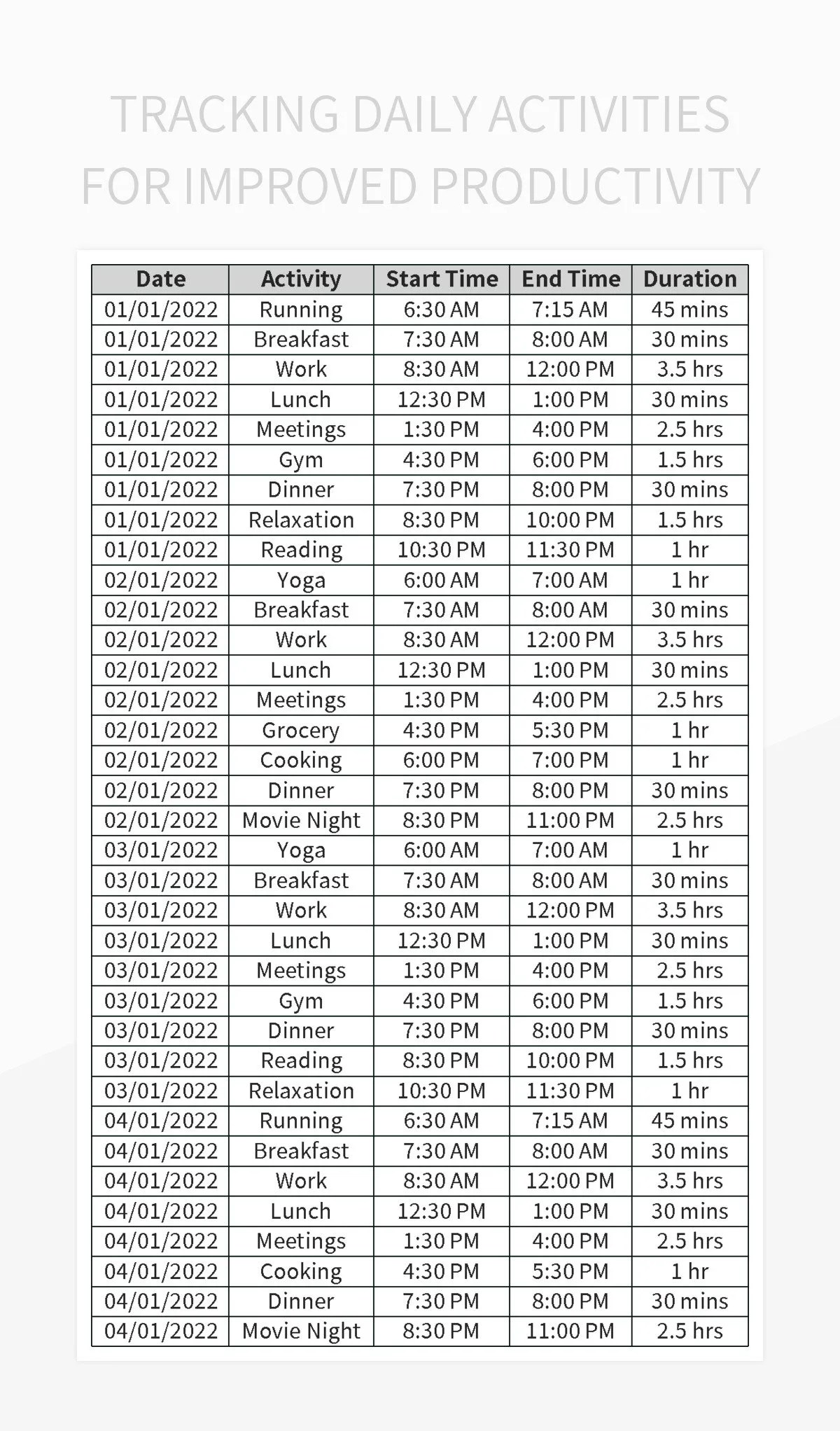 Tracking Daily Activities For Improved Productivity Excel Template And
