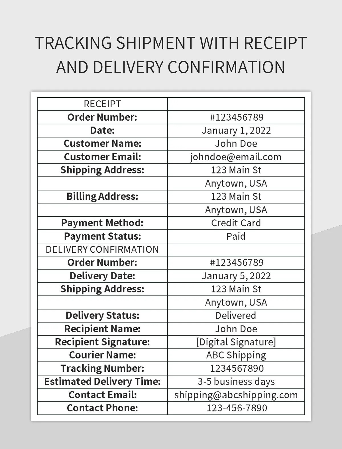 Tracking Shipment With Receipt And Delivery Confirmation Excel Template