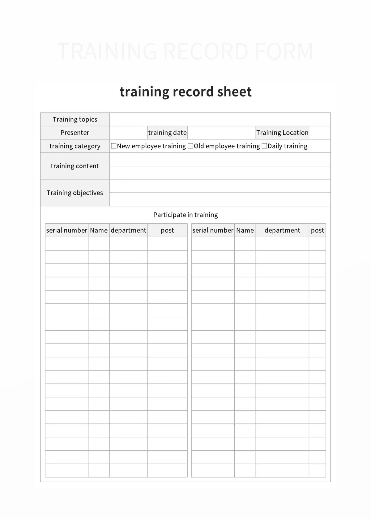 Training Record Form Excel Template And Google Sheets File For Free