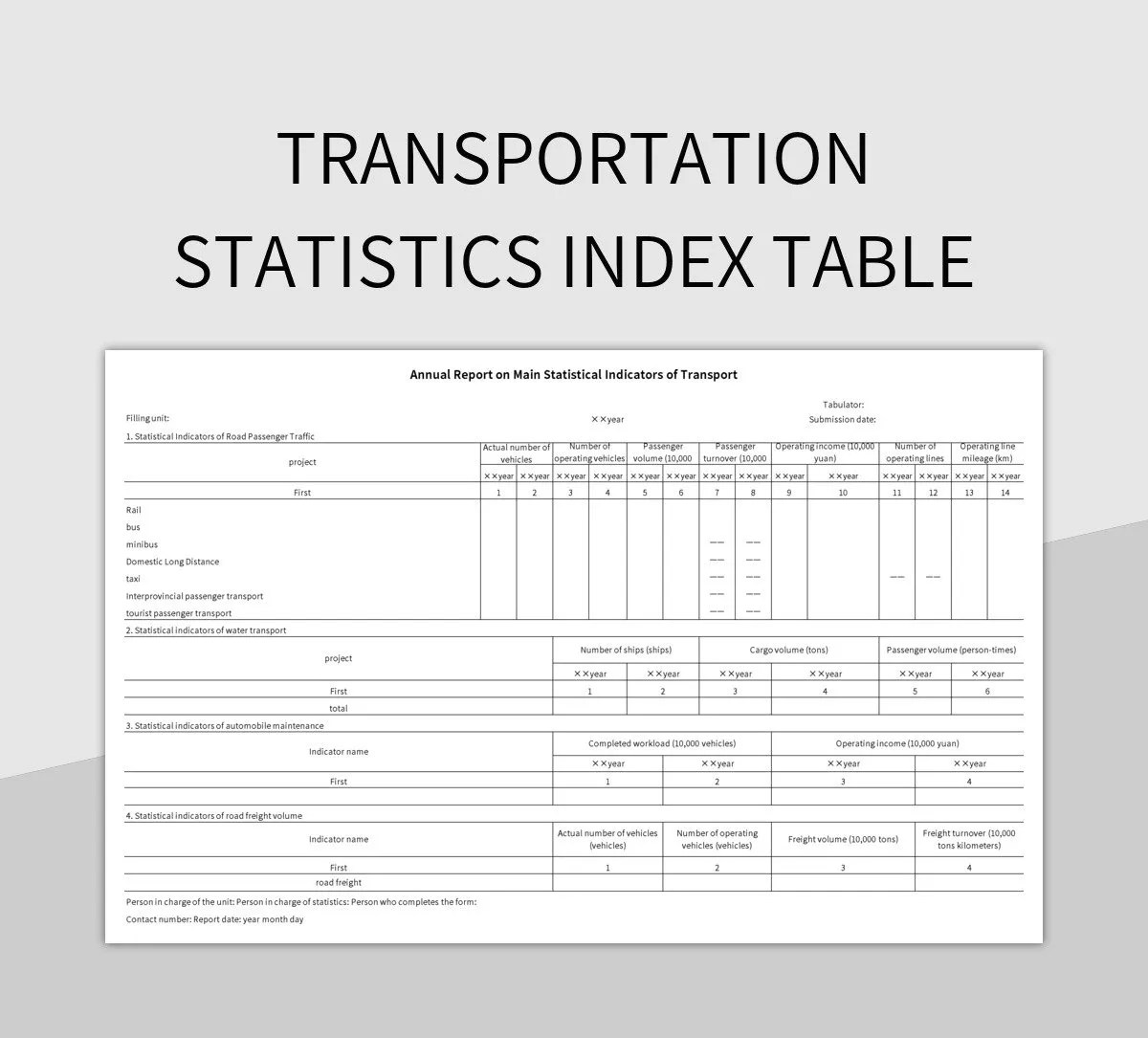 Transportation Statistics Index Table Excel Template And Google Sheets
