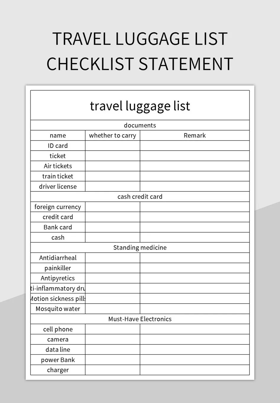Travel Luggage List Checklist Statement Excel Template And Google