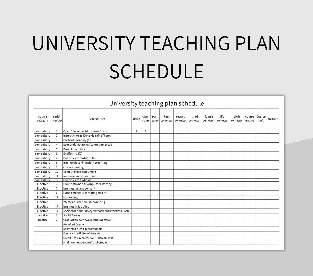 University Teaching Plan Schedule Excel Template And Google Sheets File