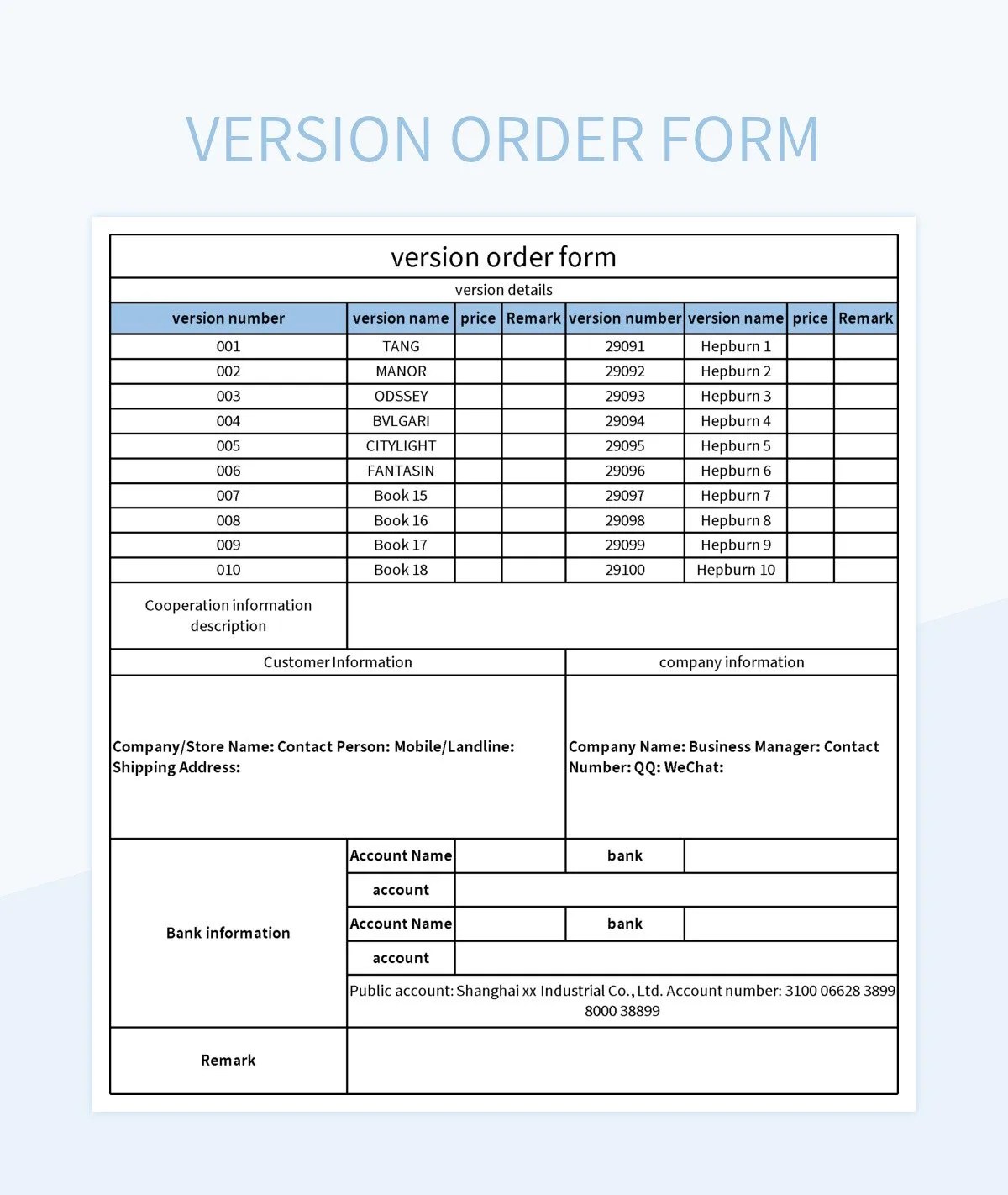 Version Order Form Excel Template And Google Sheets File For Free