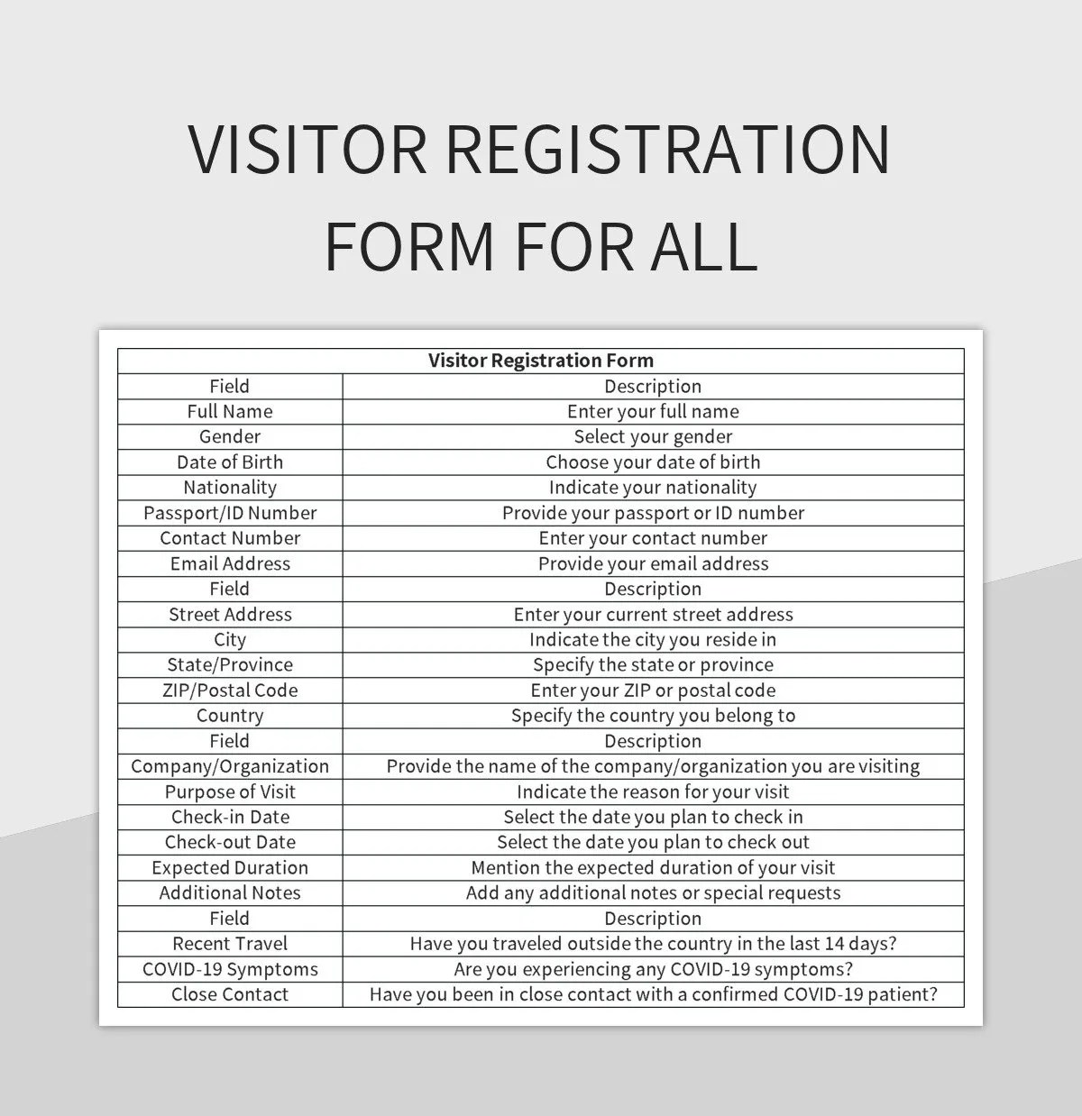 Visitor Registration Form For All Excel Template And Google Sheets File