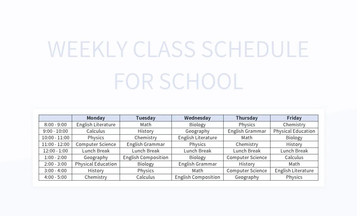 Weekly Class Schedule For School Excel Template And Google Sheets File
