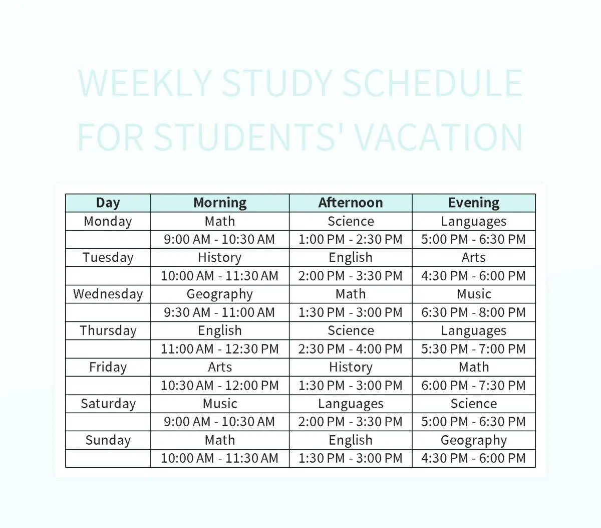 Weekly Study Schedule For Students' Vacation Excel Template And Google